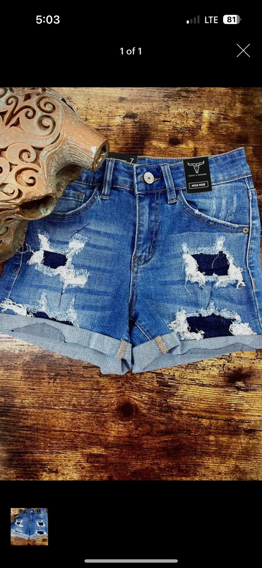 Girls Mid Wash Denim Shorts W Denim Patch Insert