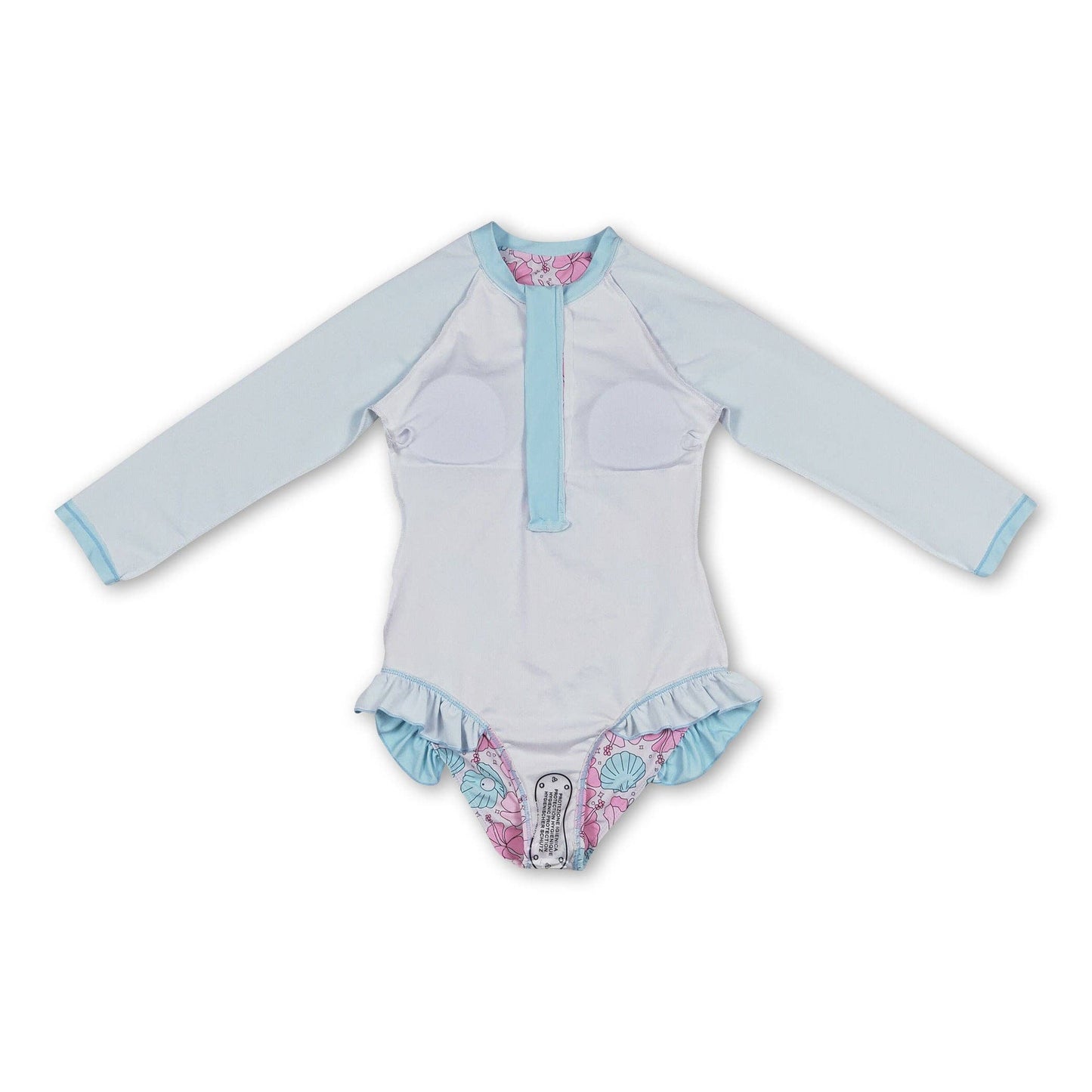 Long sleeves pink light blue shell pearl girls swimsuit: 2T