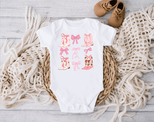 Boots with Bows Western Cute Baby Onesie: 0-3 Months / Short Sleeves
