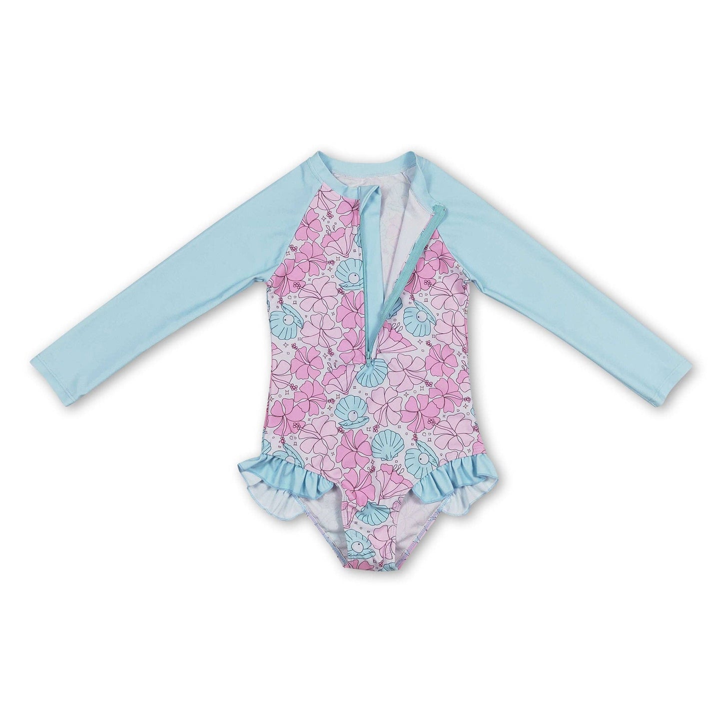 Long sleeves pink light blue shell pearl girls swimsuit: 2T