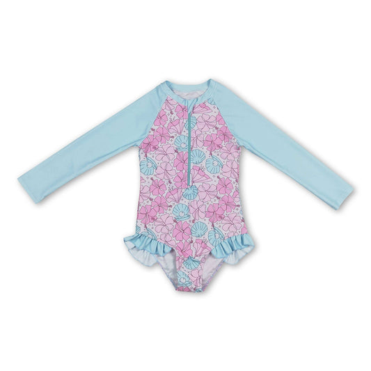 Long sleeves pink light blue shell pearl girls swimsuit: 2T