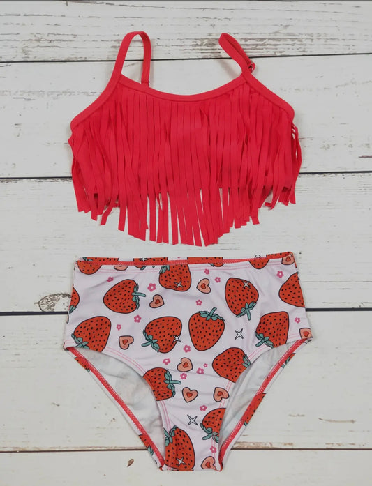 Strawberry Printed Fringe Two Piece Swim Set